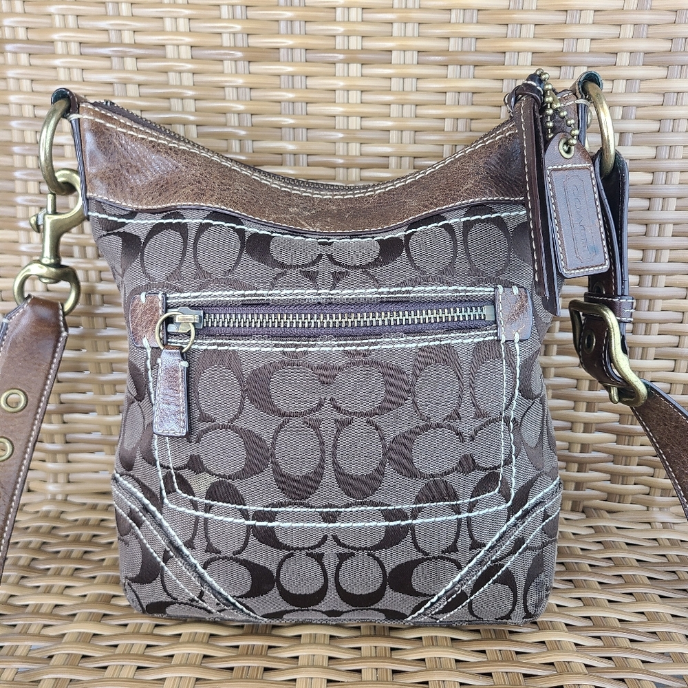 Coach 10402 Signature Jacquard Canvas Leather Brown Crossbody Shoulder Bag - Picture 2 of 16